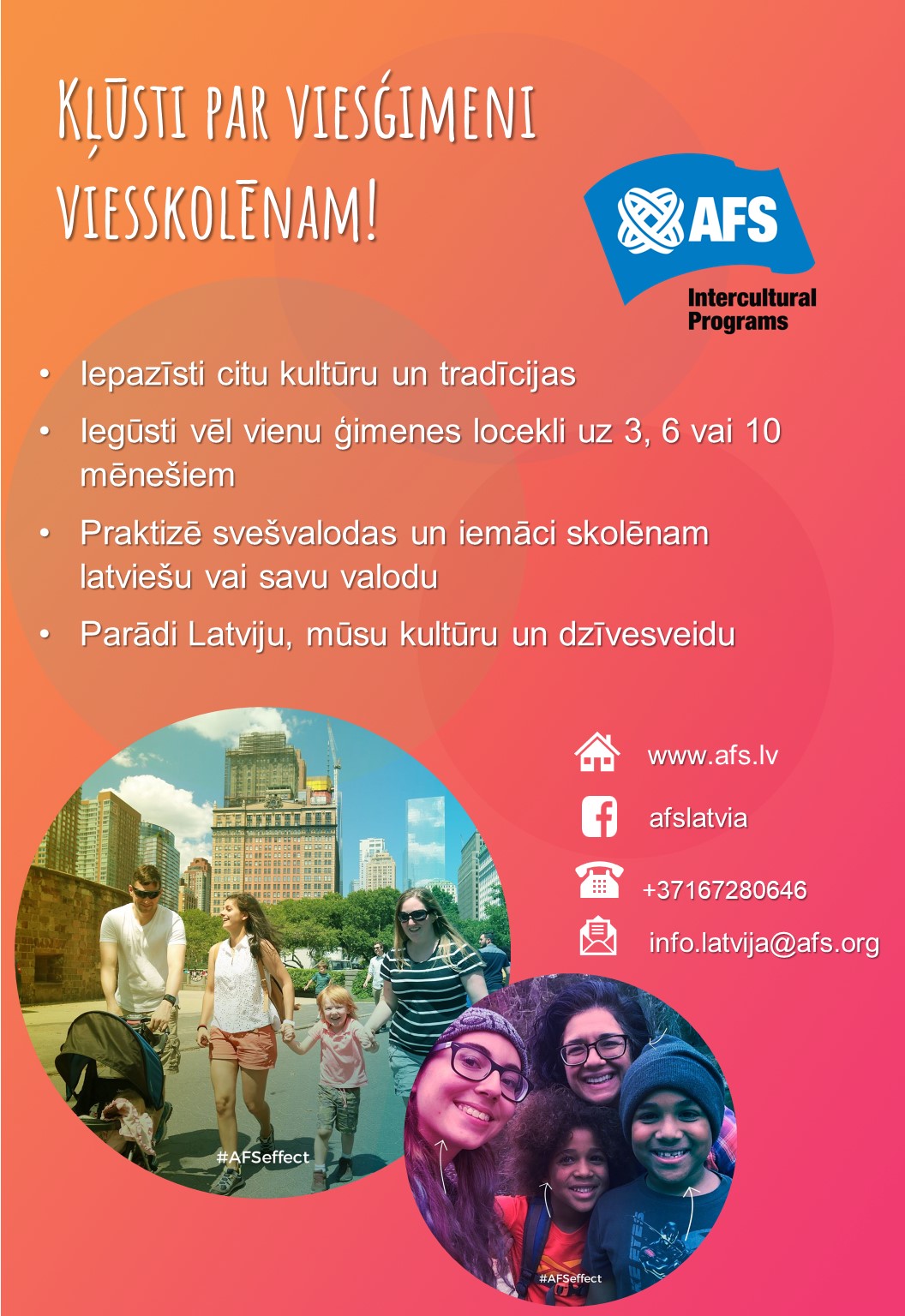 Plakāts ar aicinājumu kļūt par viesģimeni viesskolēniem Latvijā