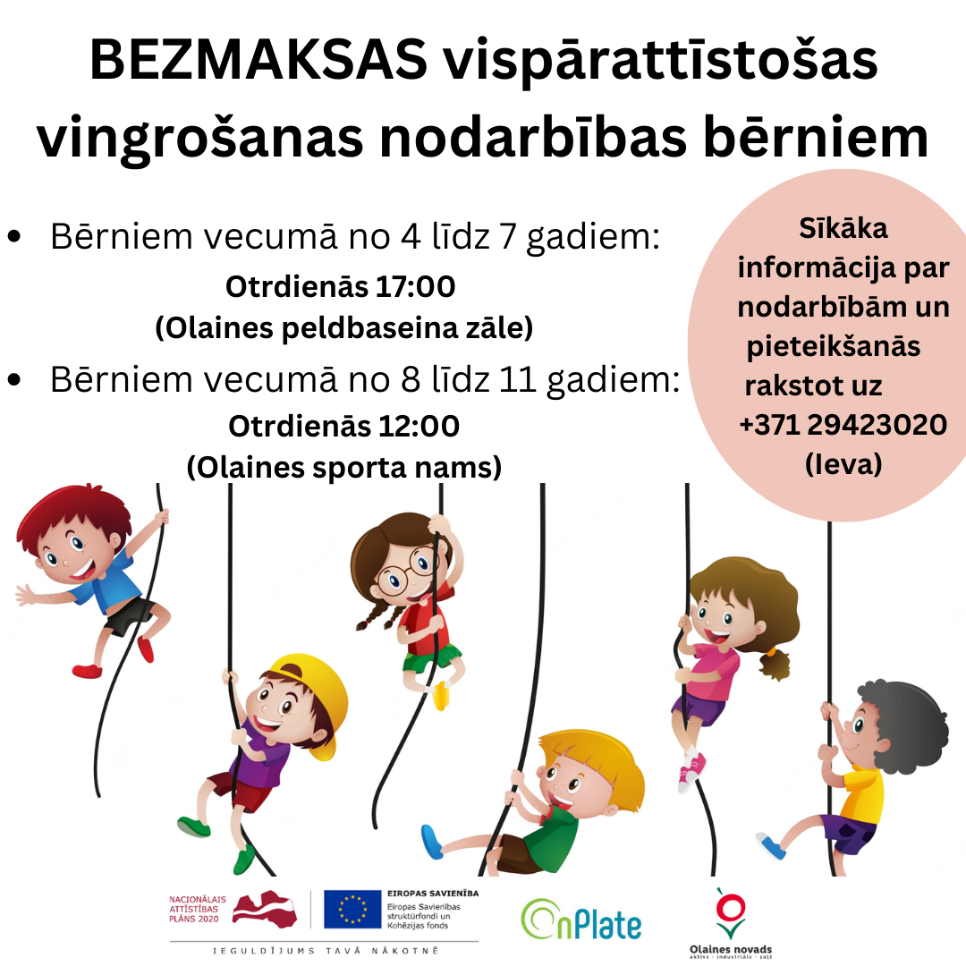 Plakāts par bezmaksas vingrošanas nodarbībām bērniem