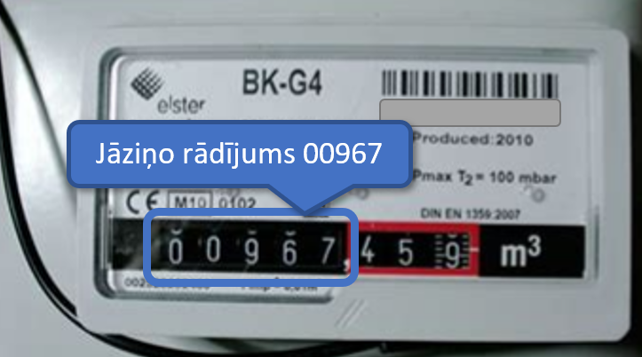 Parādīts, kā jānodod rādījumu - norādot veselos kubikmetros (tikai cipari no skaitītāja melnajiem lodziņiem)