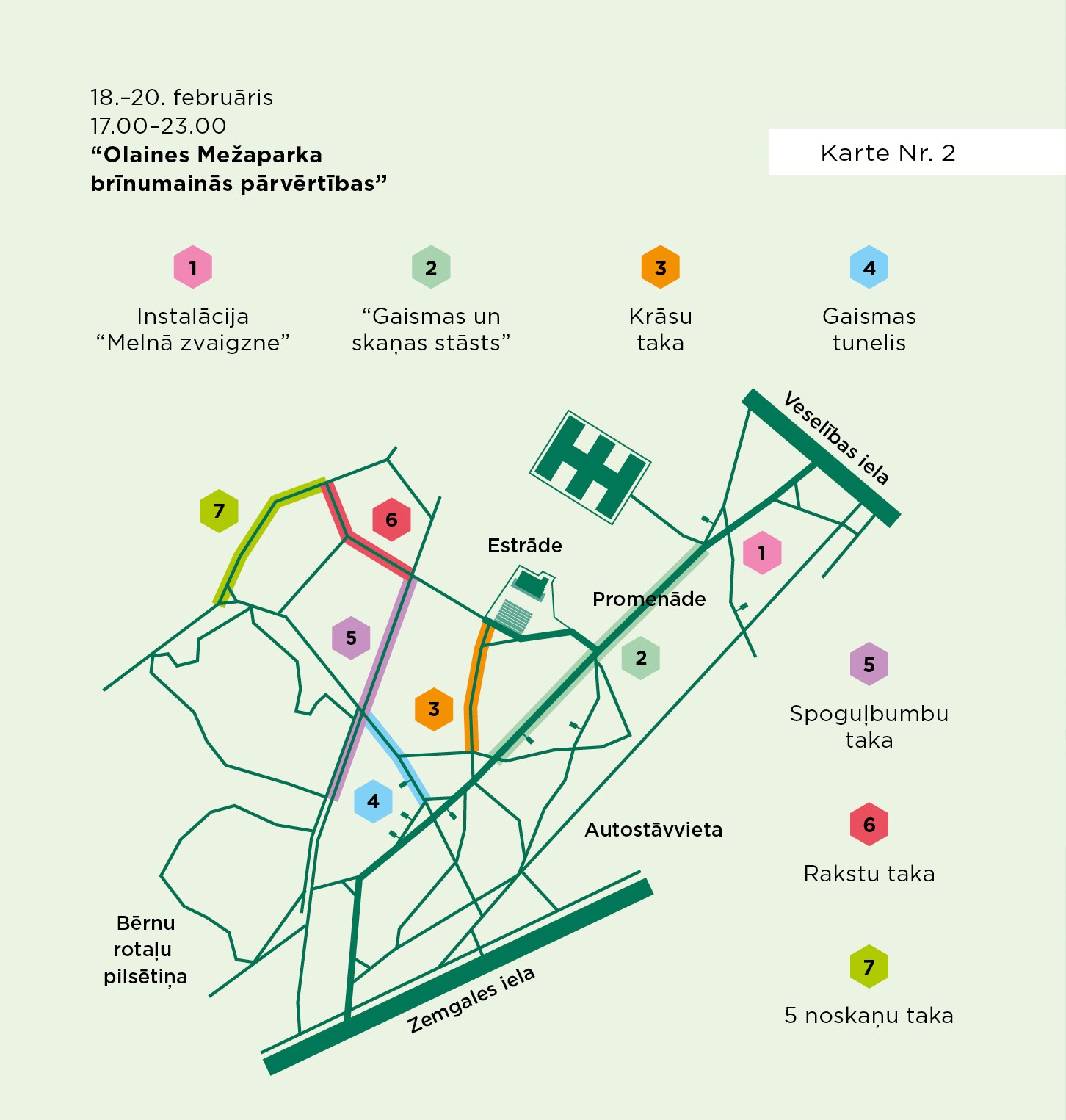 Maršruta "Olaines Mežaparka brīnumainās pārvērtības" karte