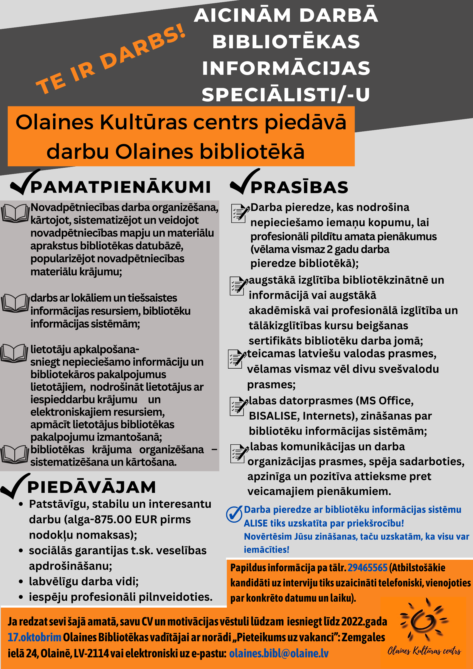 Darba sludinājums vakancei Olaines Bibliotēkā
