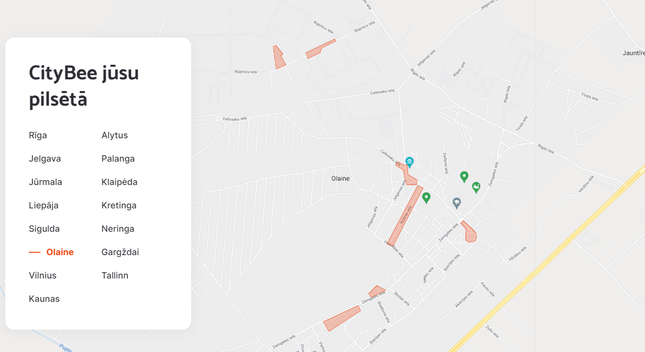 Citybee automašīnu novietošanas zonas Olainē