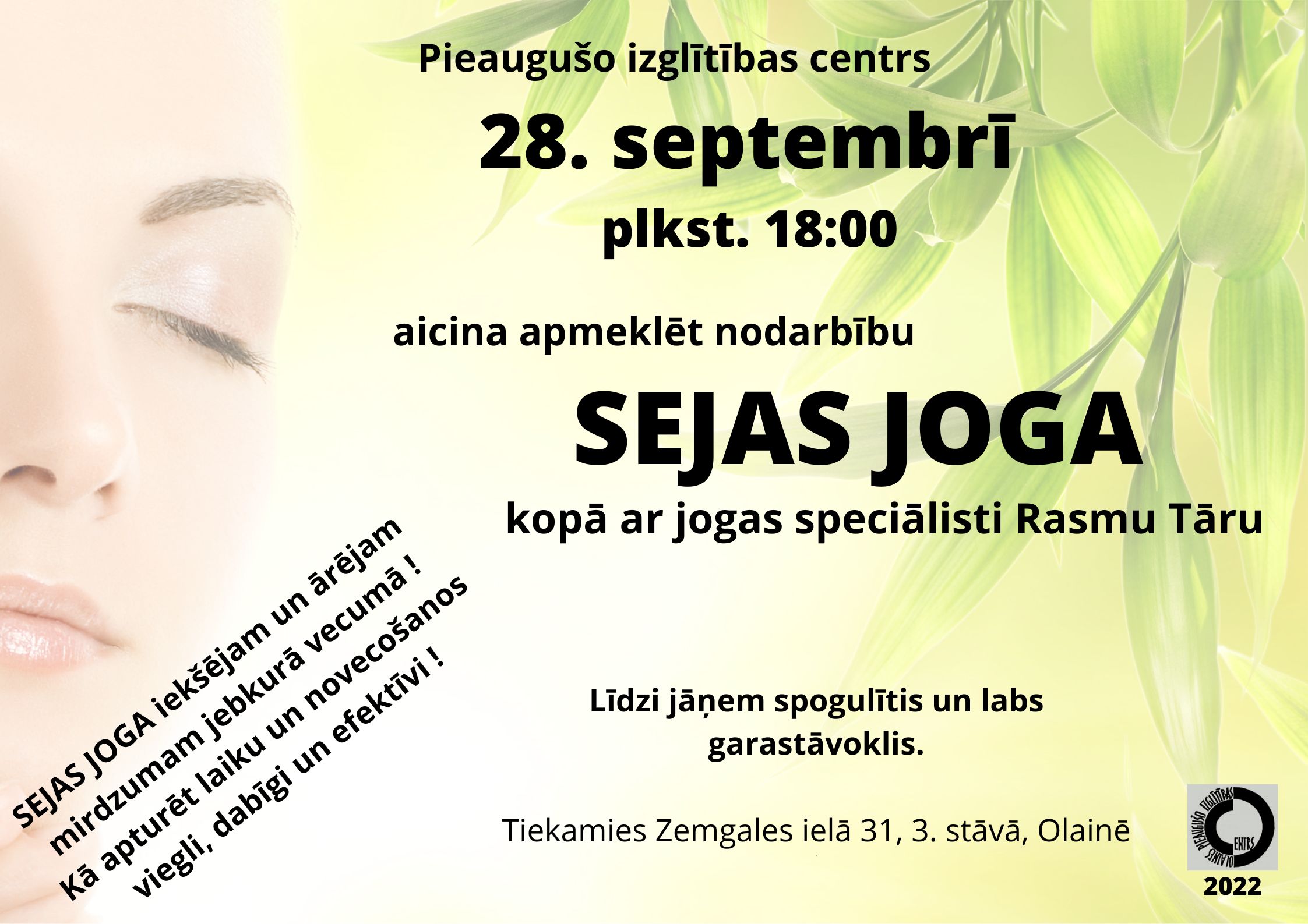 Nodarbības "Sejas joga" reklāma