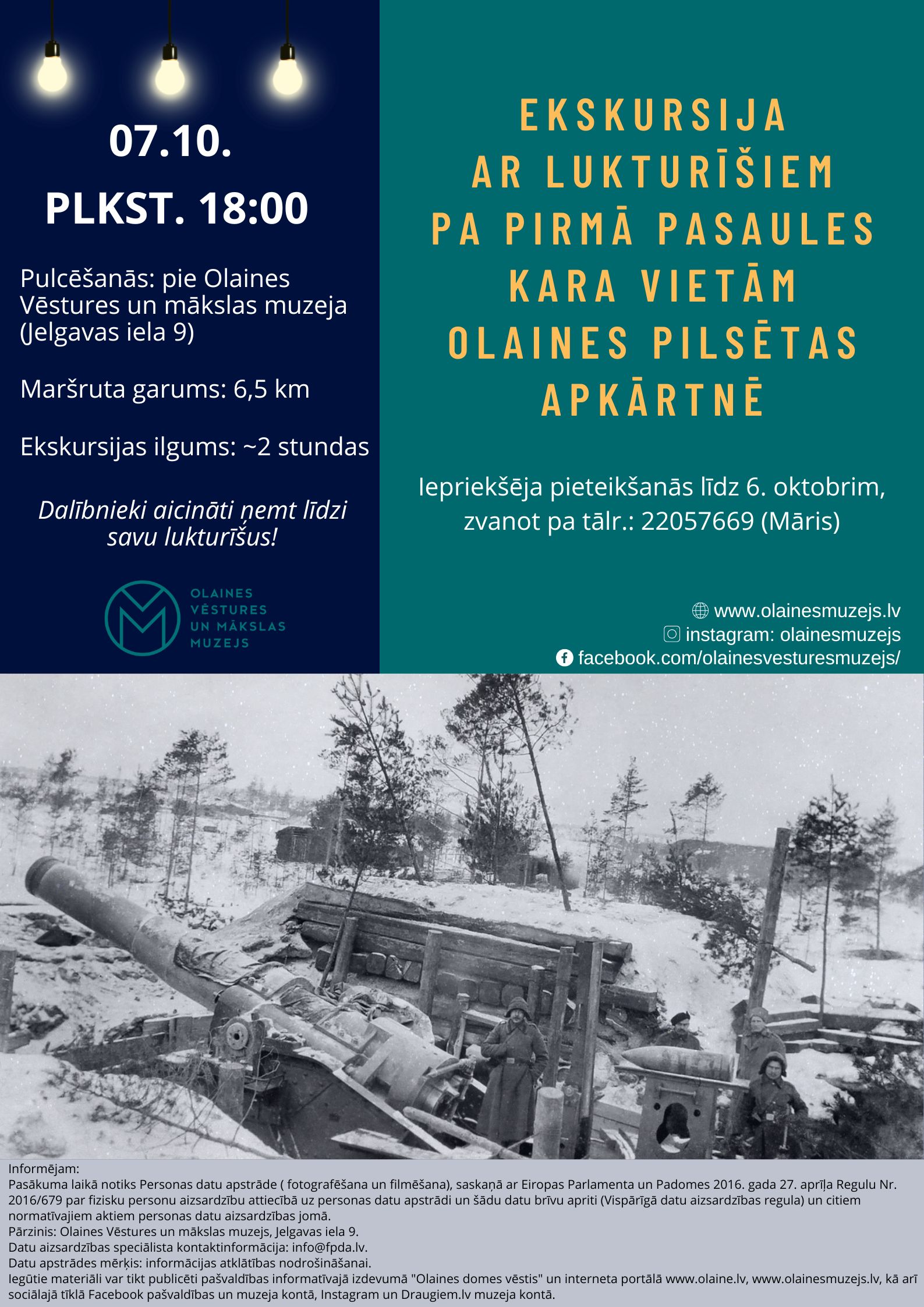 Plakāts par ekskursiju ar lukturīšiem par Pirmā pasaules kara vietām Olaines pilsētas apkārtnē
