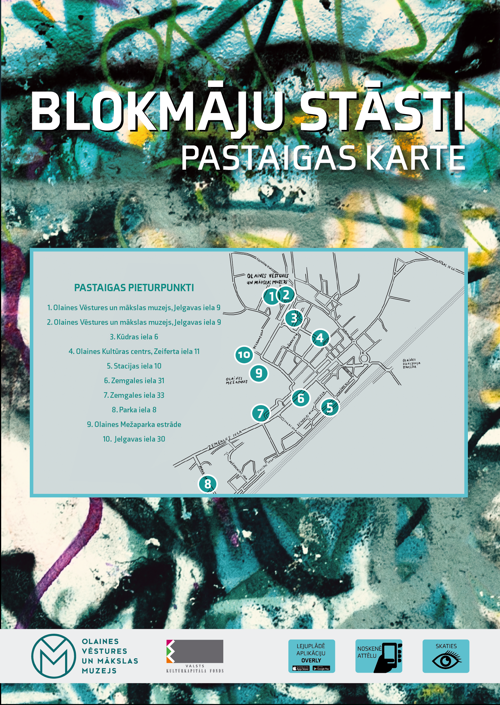 Plakāts par interaktīvo kultūras maršrutu "Blokmāju stāsti"