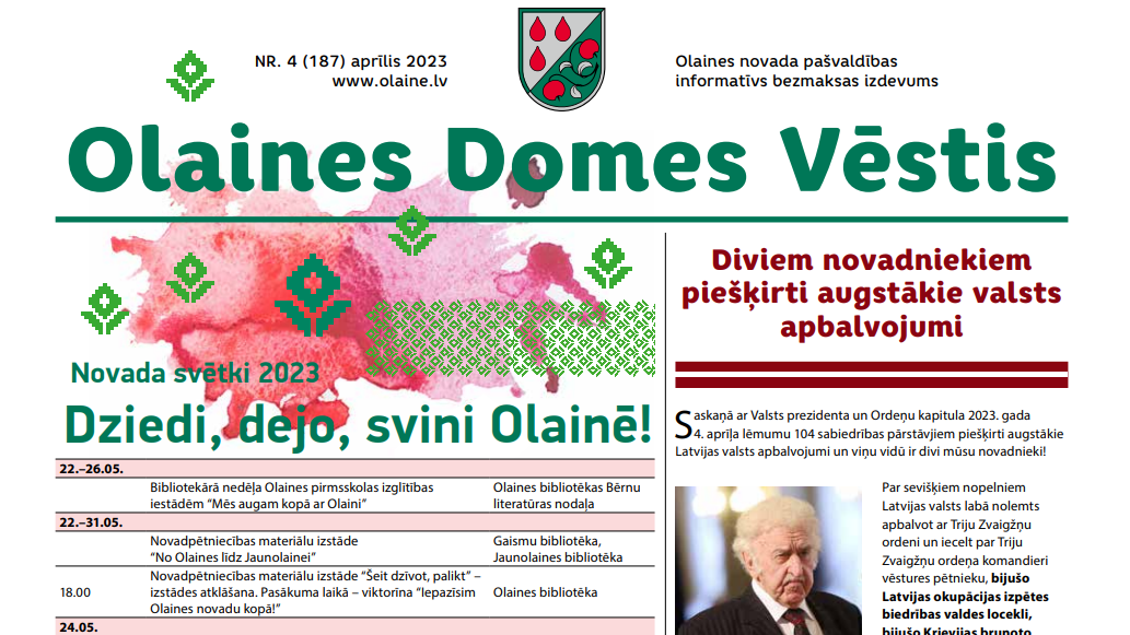 Iznācis aprīļa izdevums "Olaines Domes Vēstis" NR.4 (187) 