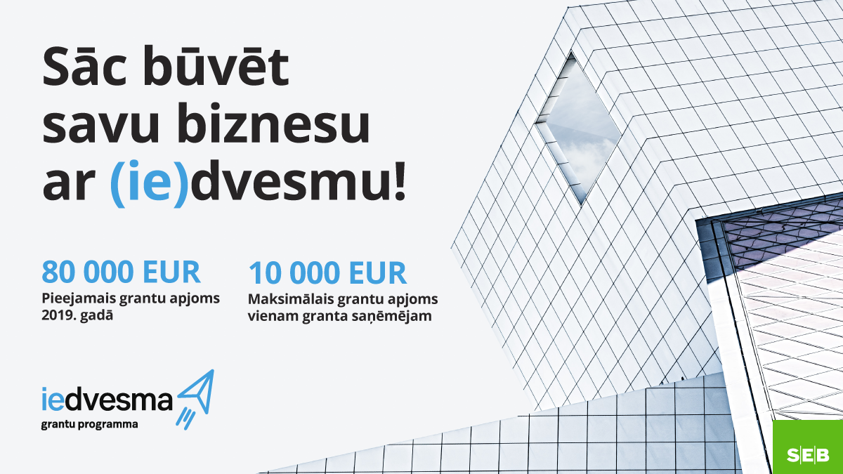 Grantu programmā “(ie)dvesma” šogad jaunajiem uzņēmējiem būs pieejami 80 000 eiro