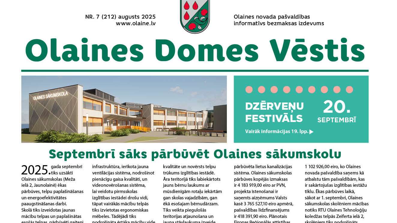 Olaines Domes Vēstis augusta izdevums ir ceļā pie lasītājiem
