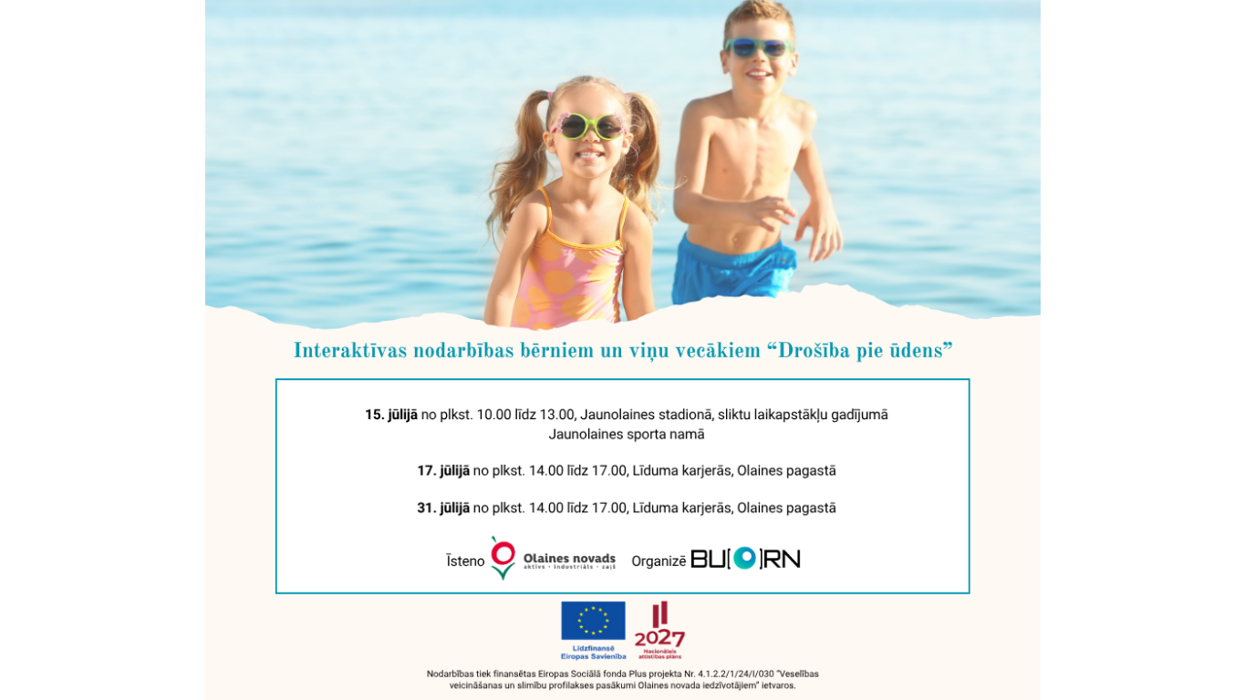 Olaines novada iedzīvotāji aicināti piedalīties interaktīvās nodarbībās bērniem un viņu vecākiem "Drošība pie ūdens"