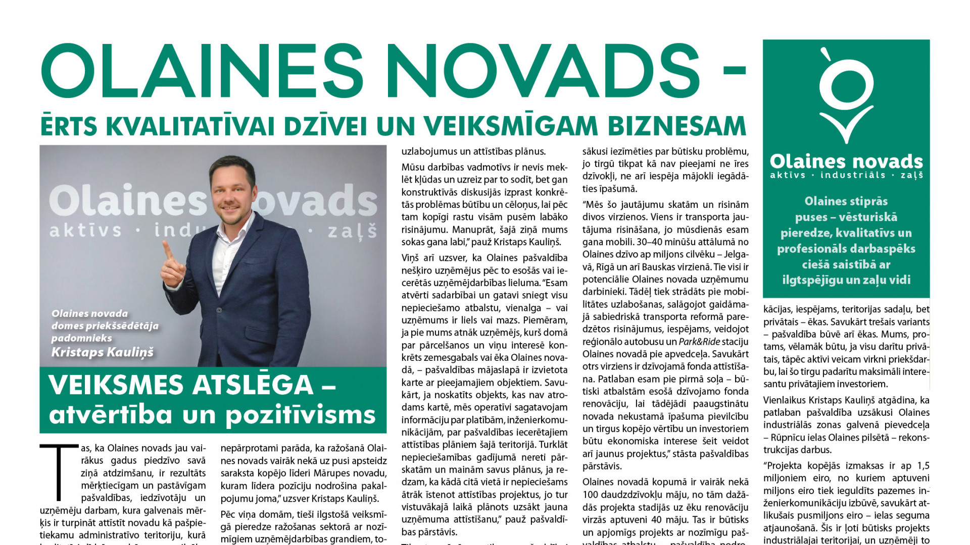 29. maijā iznākusi Olaines novadam veltīta publikācija izdevumā "Dienas Bizness"